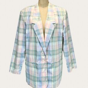 VINTAGE pastel plaid women’s blazer‎ suit jacket coat lightweight preppy office